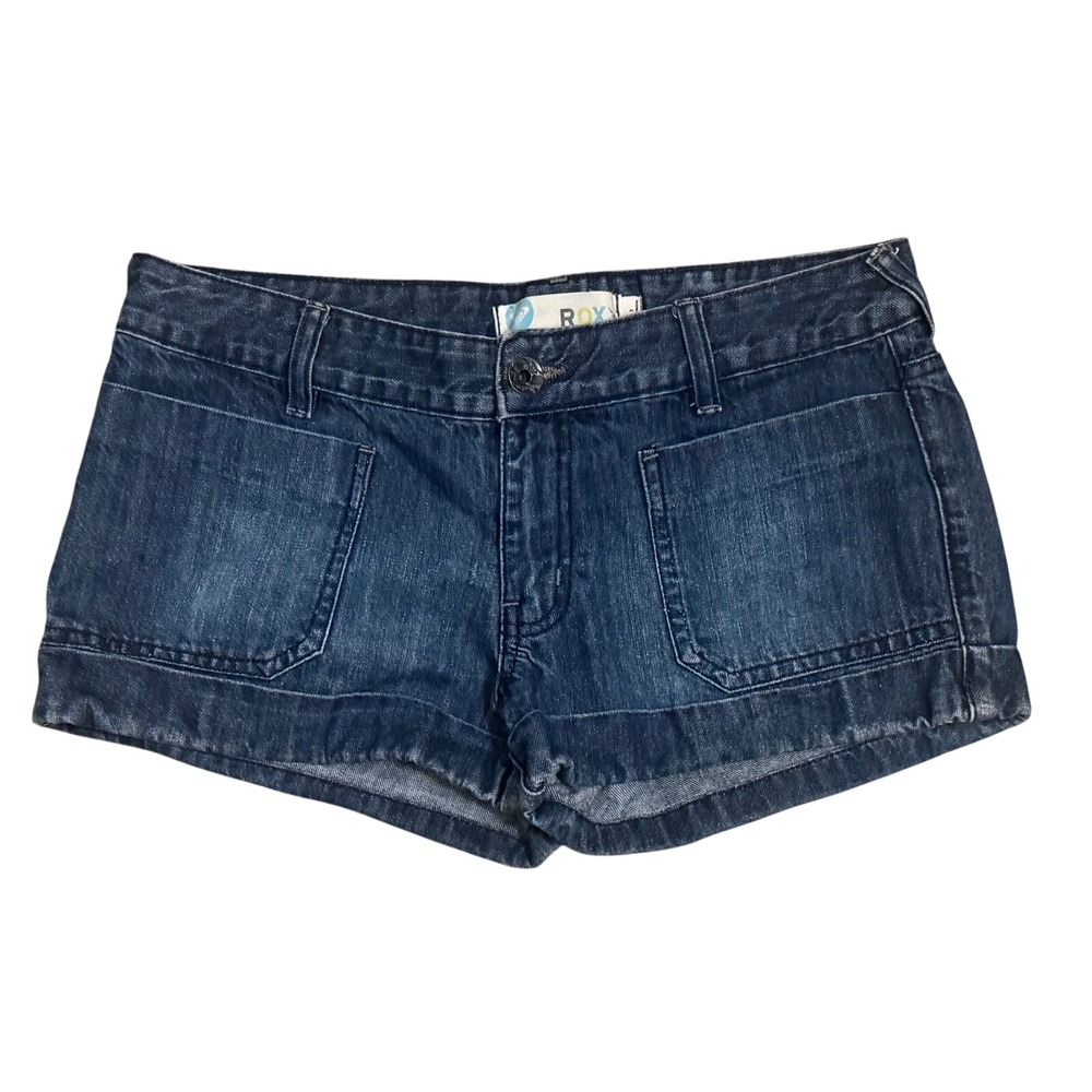 Roxy Blue Heart Embroidered Low Rise Y2K Denim Shorts